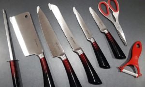 Набор стальных ножей на подставке Rainstahl RS\KN 8004-09(+ножницы +точило+овощечистка)